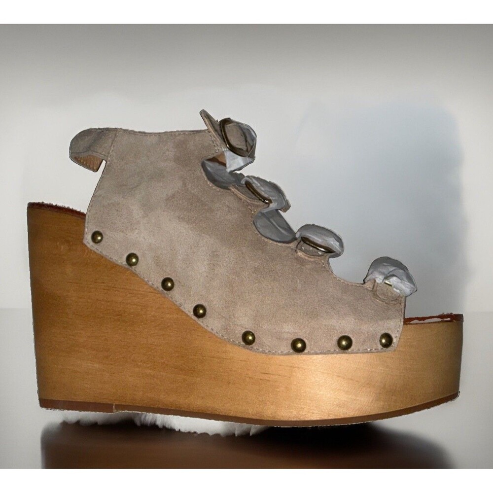 New Madison Harding Logan Suede Cage Wood Platform Buckle wedge Sandal Sz 9